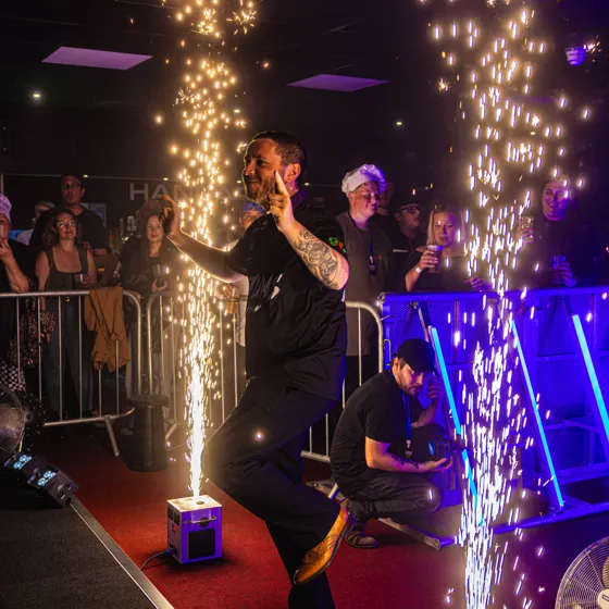 Sparks light up a Launch Night entrance